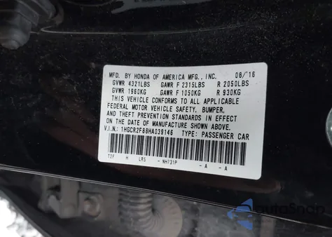 2017 Honda Accord Ex-L z USA, uszkodzony, nr VIN 1HGCR2F88HA039146